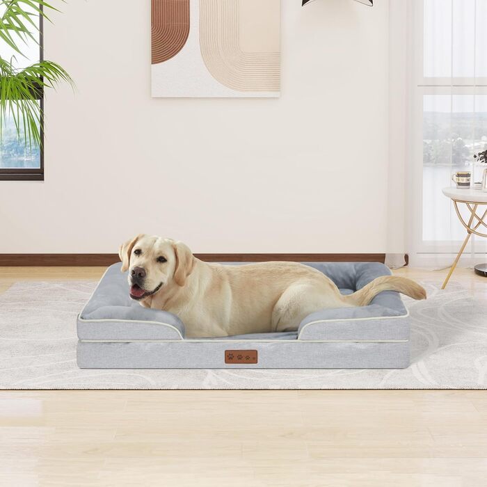 Ортопедичне ліжко для собак середніх порід - Водонепроникне ліжко для тварин з піною-пам'яттю знімний, пральний чохол, антиковзаюче ліжко-софа для собак середнього розміру (M, Сірий) 86.4 x 91.4 x 16.5 см