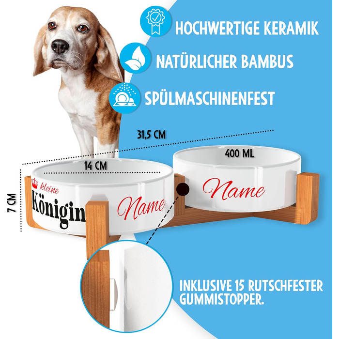 Персоналізована миска для собак OWLBOOK з ім'ям - подвійна керамічна миска з бамбуковим каркасом, 300 мл