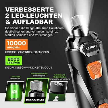 Електрична машинка для підстригання кігтів собак та котів: тиха, з LED-підсвіткою та 2 швидкостями | Перезаряджувана з 3 насадками та аксесуарами | Для безпечного догляду за кігтями