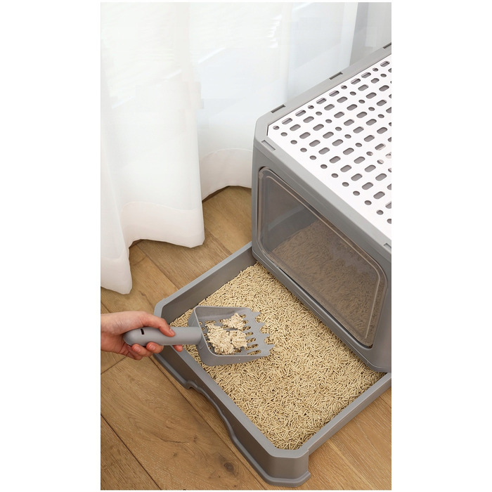 Закритий лоток-туалет для котів, сірий, з ручкою та висувною шухлядою, 50 x 40 x 38 см