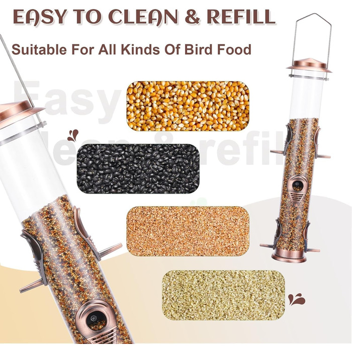 Годівниця для птахів Mixxidea з металевої труби, для зовнішнього використання, підвісна, для диких птахів, 6 портів, годівниця для птахів на гачок, приваблює птахів у саду, на балконі (мідь)