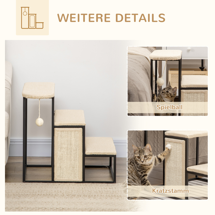 PawHut Pet Stairs 3-ступінчасті сходинки для кішок Сходи для собак з кігтеточкою та ігровим м'ячем зі сталі та сизалю 51x54x53см для котів та собак