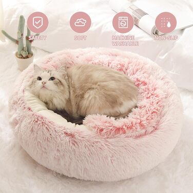 Килимок для кота, песика, гніздо-печери, круглий, м'який плюш, з капюшоном, пончик, теплий лежак для домашніх тварин, самопідігріваючий, 60 x 60 см (Рожевий)