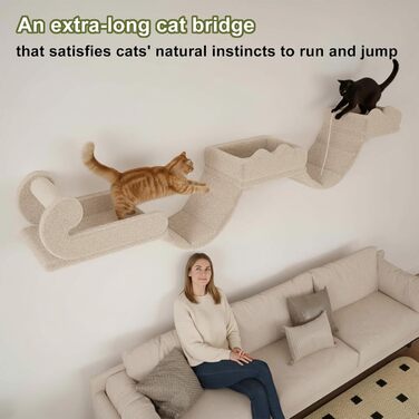 Комплекс для котів BYBYME з гамаком, ліжком та високими полицями для кількох котів, плюшевий лежак, когтеточка та стовпчики з сизалю, 6 шт., міцні меблі для лазіння (бежевий, 5 шт. з довгою перемичкою)