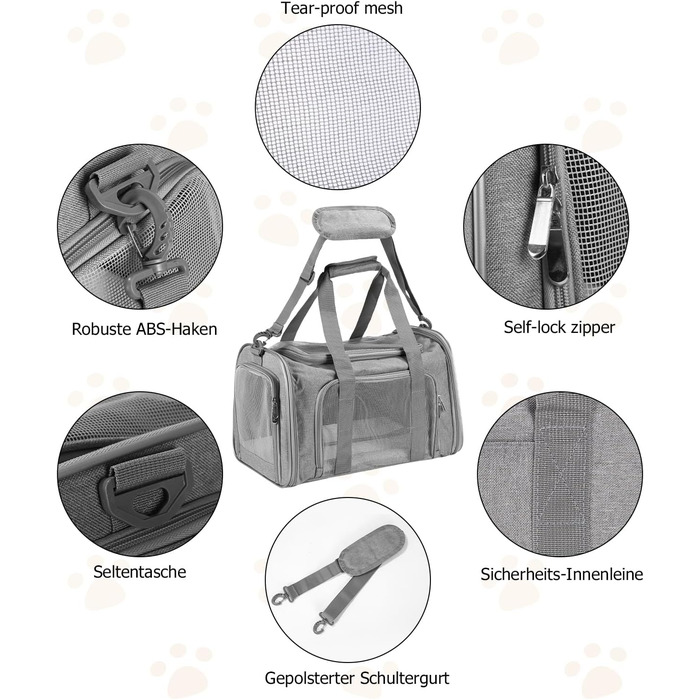 Транспортна переноска для кота та собаки Vuxava, складана, дихаюча, з плечовим ременем та знімним килимком (Сірий, L)