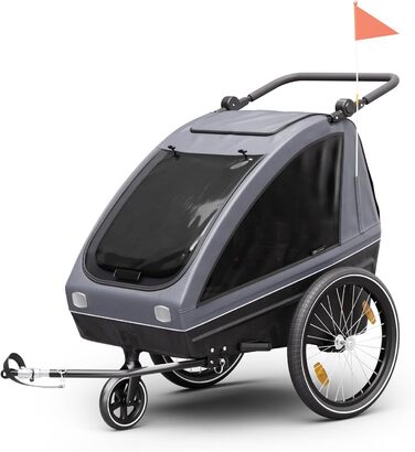 Klarfit GoKiddo: Дитячий велопричіп для 2 дітей - 2-в-1 (велопричіп та візок) з гальмами, ременями безпеки, регульованими сидіннями, 40 кг вантажопідйомністю, захистом від дощу та UV-променями, складаний, темно-сірий