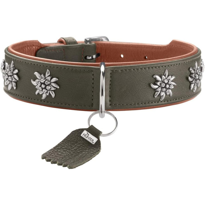 Нашийник для собак HUNTER München, зелений/cognac, шкіряний, з елементами традиційного одягу, м'який та міцний, не травмує шерсть, розкішний, екологічно чистий, стійкий, виготовлено в Німеччині, розмір 65