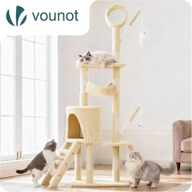 Кігтеточка для котів Vounot® - багатоярусна кігтеточка з платформами, печерею та іграшками, 112 см, бежева