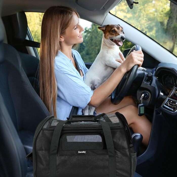 Транспортна сумка для котів та собак, дихаюча та складна, переноска для котів з регульованим плечовим ременем, знімний плюшевий килимок (Чорний, M)