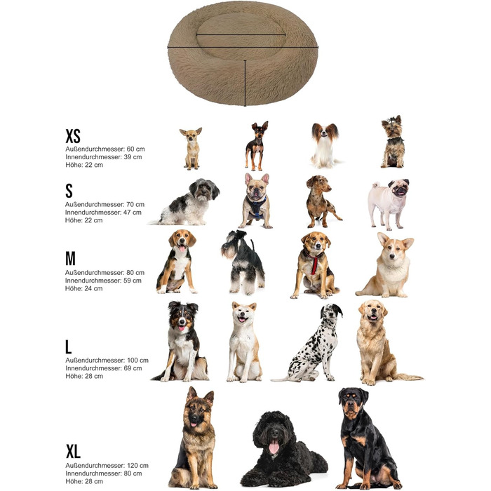 Кругле собаче ліжко Normani для великих і маленьких собак - ергономічна подушка-донат, собача лежанка з високим бортиком, колір коричневий, розмір 60x60x22 см