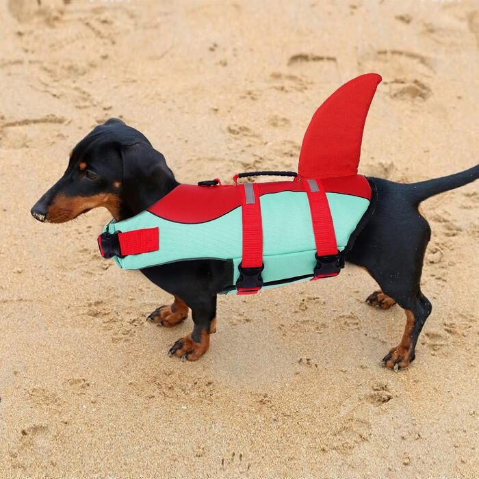 Спасальний жилет для собак у вигляді акули, XL, червоно-зелений. Безпечний та легкий жилет для водних розваг з ручкою та світловідбиваючими елементами для собак маленьких, середніх та великих порід