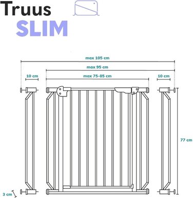 Безпечні ворота LIONELO Truus Slim, регульована ширина 75-105 см, висота 77 см, самозакривання, двостороннє відкривання, закруглені краї, монтаж без свердління