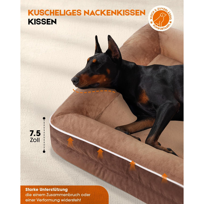 Ортопедичний лежак для собак XL, кошик для собак, що можна прати, з піною у формі яйця, водовідштовхувальний диван для собак з неслизьким дном та чотиристоронніми подушками (світло-коричневий, 117x76x19 см)