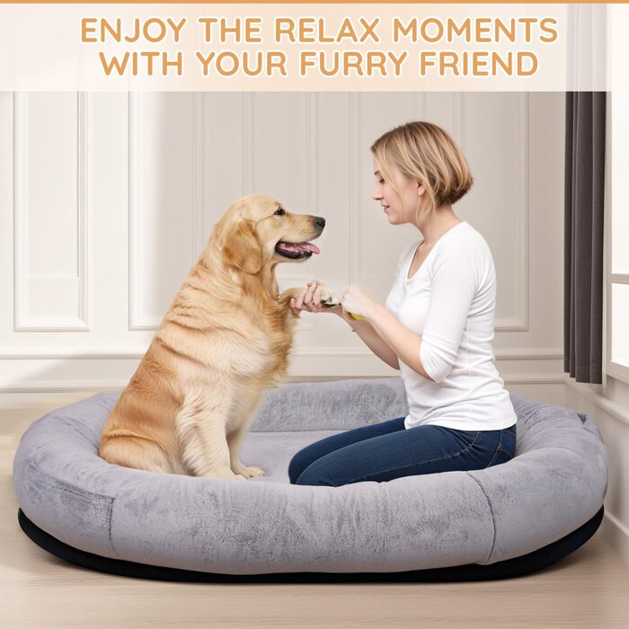 Крісло-мішок NESTROAD для собак та людей, 180x114x35 см, знімний чохол з штучного хутра, ковдра та подушка, сірий колір