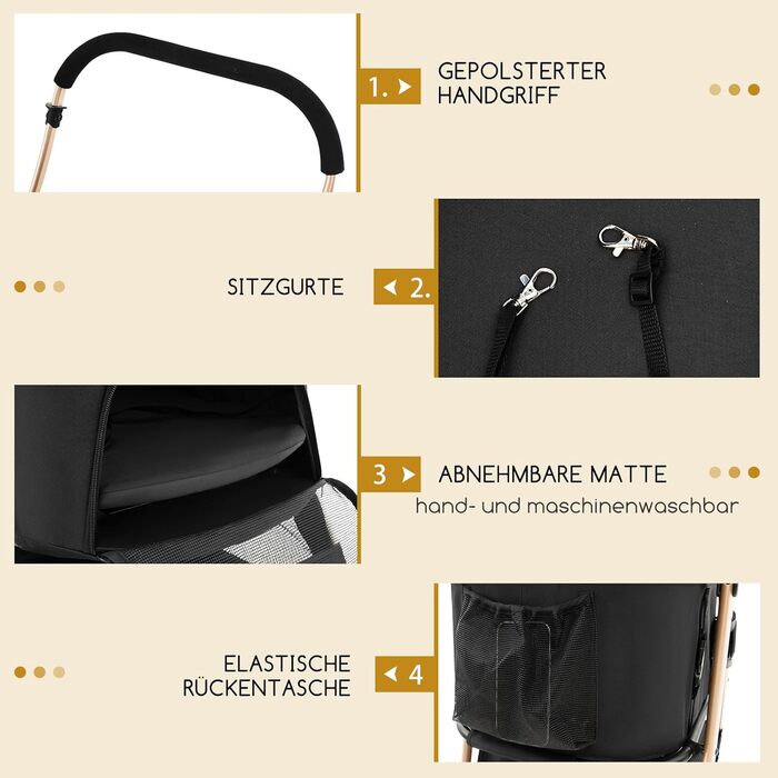 Візок для собак COSTWAY 3 в 1, чорний, до 15 кг, з сітковими вікнами та регульованим козирком