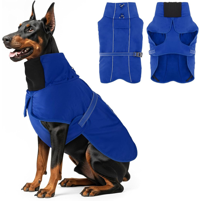 Водонепроникний зимовий теплий одяг для собак, куртка з високим коміром та флісовою підкладкою, регульована посадка, для середніх та великих порід, синій