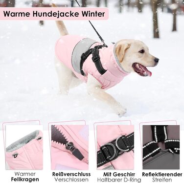 Водонепроникний теплий зимовий одяг для собак AOFITEE, рожевий XS, з шлейкою, з блискавкою та флісовою підкладкою, світловідбиваючий