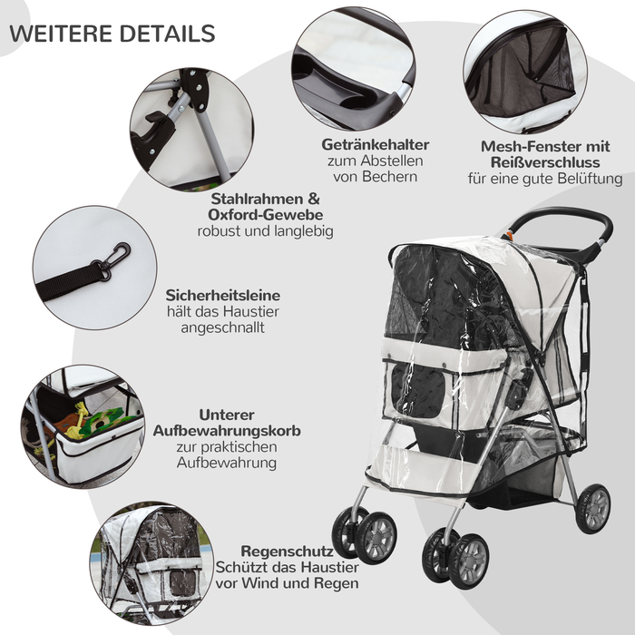 Складна коляска для собак PawHut Dog Buggy до 20 кг з дощовиком Підстаканник Сітка Window Grey 75x45x97см для прогулянок