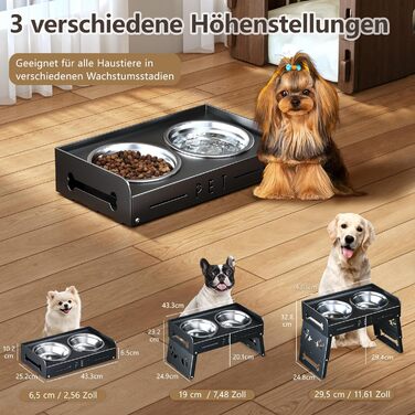 Підвищений годівниця для собак з 3 рівнями – 2 великі миски з нержавіючої сталі для маленьких, середніх та великих собак (Сірий)