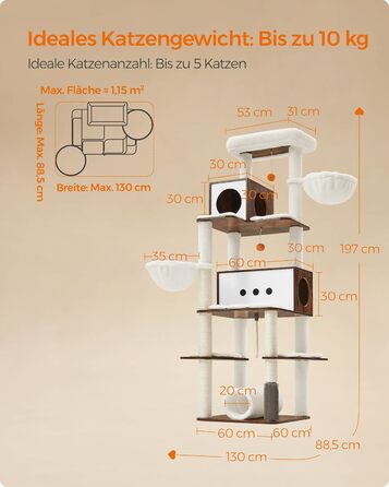 Feandrea великий котячий комплекс 197 см, багатоярусний дряпак для котів XXL, сучасний котячий будинок з 2 будиночками, 2 лежанками, 4 стовпами-дряпками, щіткою, тунелем і платформами, вінтажно-коричневий