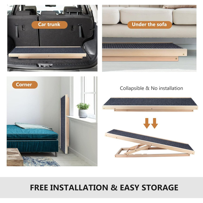 Сходинки для собак, складані, для дивана, авто та ліжка. Дерев'яна рампа для собак, регульована висота 30/40/50/60 см, з антиковзким килимком (70х35х30/40 см)