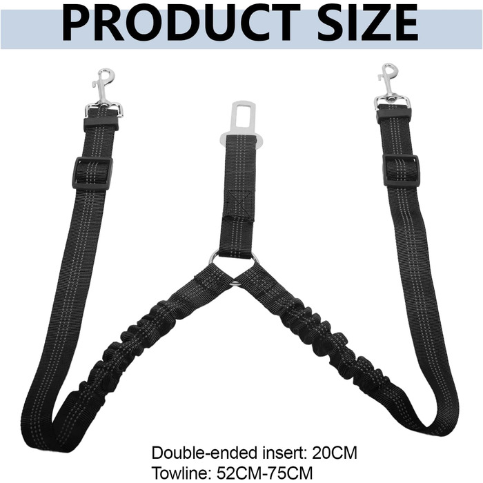 Ремінь безпеки для собак у машину, подвійний, еластичний, регульований з амортизатором та карабіном для маленьких та середніх собак (чорний)