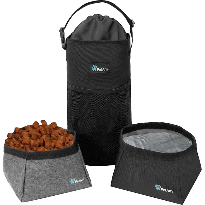 Сумка для корму для собак PetAmi | Сумка-переноска для сухого корму з розкладним набором мисок для води | Контейнер для корму для домашніх тварин для подорожей, кемпінгу, походів, аксесуари (чорний, сірий) Food Bag & Collapsible Bowls Чорний