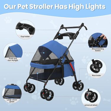 Складаний візок для собак з 4 колесами та дихаючою сіткою - Легкий транспортний візок для маленьких собак та котів до 10 кг, з регульованим сонцезахистом, тримачем для напоїв та страхувальним ременем (Блакитний)