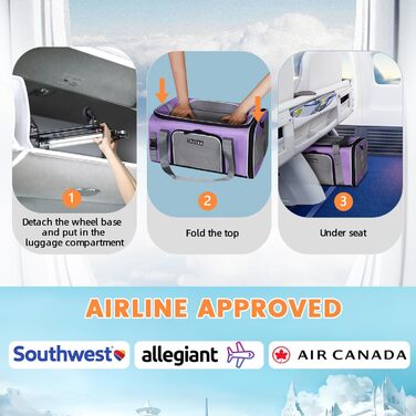 Трансформована переноска для тварин Petskd з колесами, 48,3 x 33 x 22,9 см, схвалена Southwest Allegiant Airlines, м'яка переноска для собак до 6,8 кг та котів до 9 кг, фіолетова