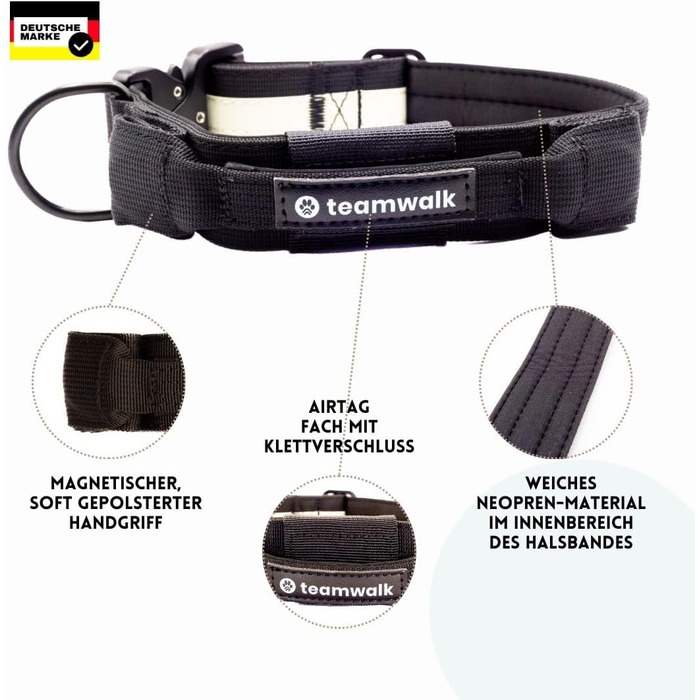 Преміум нашийник для собак з магнітною застібкою, світловідбиваючими смугами, кишеню для AirTag, регульований, з м'якою підкладкою, міцною застібкою, з лінією в комплекті, чорний (M, 4см)