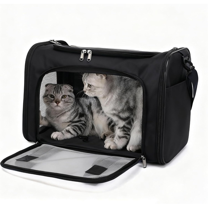 Транспортна сумка для кота/собаки HOCLAUHO - велика, портативна, складана, дихаюча, для подорожей, для двох котів/маленького собаки (світло-чорний)