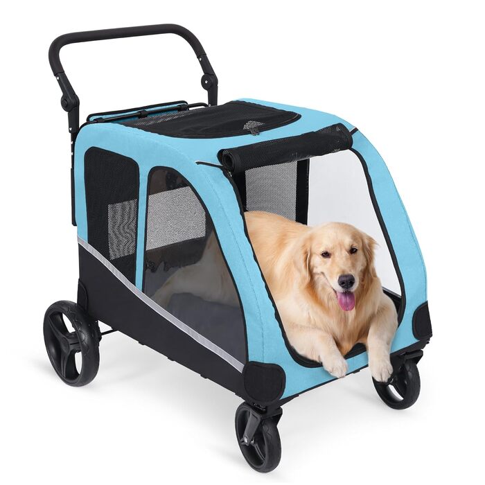 Візок для собак великих порід, прогулянковий візок для собак, великий візок для тварин, складаний, з регульованою ручкою та сумкою, до 59 кг, блакитний