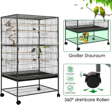 Клітка для птахів велика, металева, на 4 колесах, для хвилястих попугаїв з годівницею, іграшками, гойдалкою, 2 дверцятами, 4 дерев'яними перекладинами, 132 x 78 x 52 см