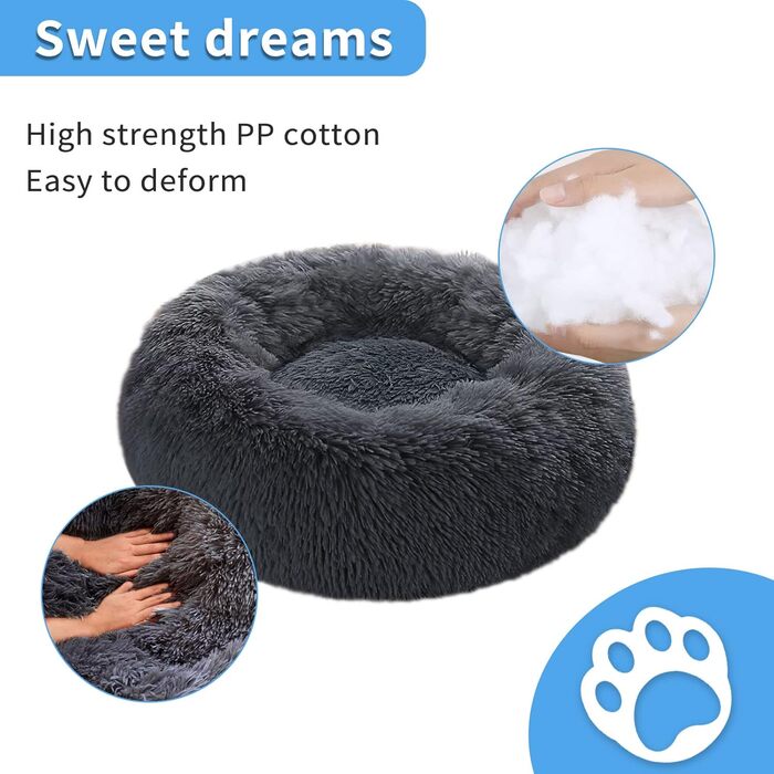 М'яке кругле ліжко для собак та котів 60 см – зручне лежанка-пончик для маленьких собак та котів, миється, не ковзає, плюшеве ліжко для тварин, сірий (L 50 x W 50 x H 20 cm, темно-сірий)