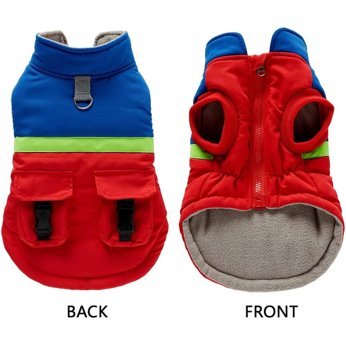 Тепла водовідштовхувальна куртка для собак маленьких та середніх порід. Зігріваючий зимовий одяг для собак з отвором для повідка та кишенями, світловідбиваюча (червоний, синій, S)
