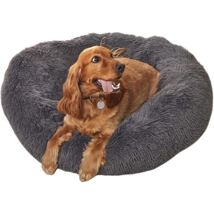 Кругле плюшеве ліжко Sleepdown для собак та котів, заспокійливе, суперм'яке, Donut-ліжко, антиковзаюча підставка, можна прати в машині, розмір M, 60 x 60 x 20 см, антрацит