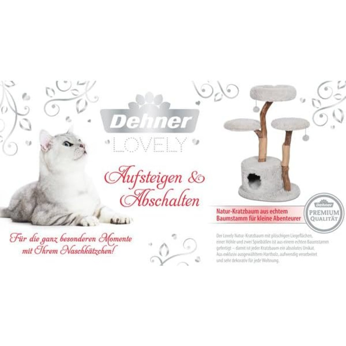 Dehner Premium Котячий кігтеточка Lovely, сучасний котячий комплекс з дерева, плюшу та сизалю, з будиночком та лежанкою, для великих і малих котів, стабільний, світло-сірий, 110x60x45 см