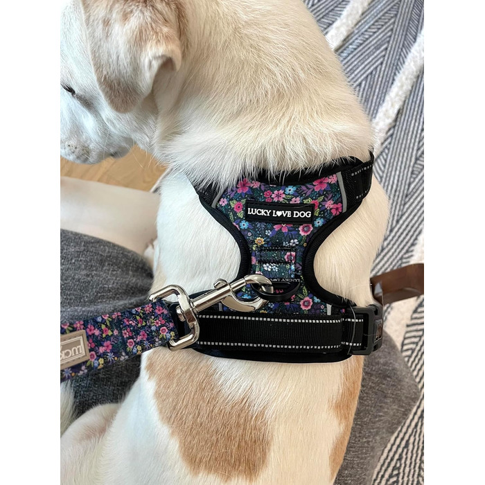 Шлейка для собак Lucky Love Dog No Pull, регульована, легка, чорна та лілова з квітковим візерунком, для малих, середніх і великих собак (M, модель Primrose)