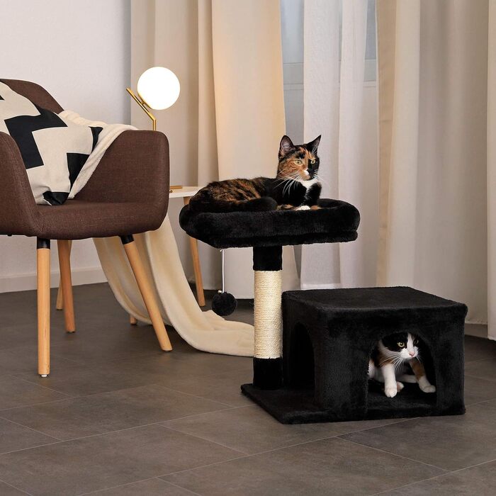 Дряпка для котів Lionto з лежаком та печерею, 50 см, з м'ячиком та дзвіночком, мотузкою з сизалю та плюшем, підходить для котів будь-якого розміру (Чорний)