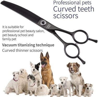 Професійна собача шарирка FENICE PEAK з титанової сталі, 20 см, вигнута 20-25°, сталь JP440C, 66 зубів. Ідеальна для грумінгу та догляду за домашніми тваринами.