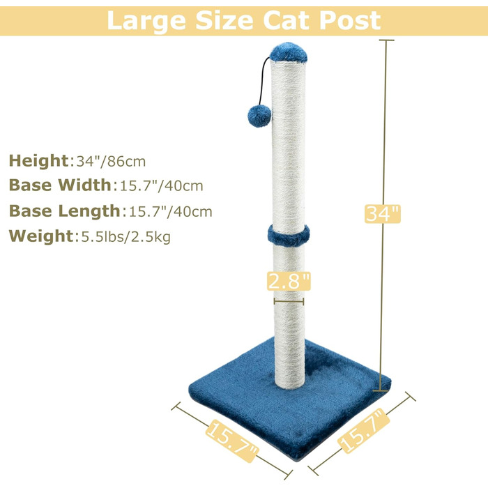 Кігтеточка Dimaka 94 см для котів з мотузки сизалю та м'якого плюшу, вертикальний когтетоп, сучасний дизайн, блакитна