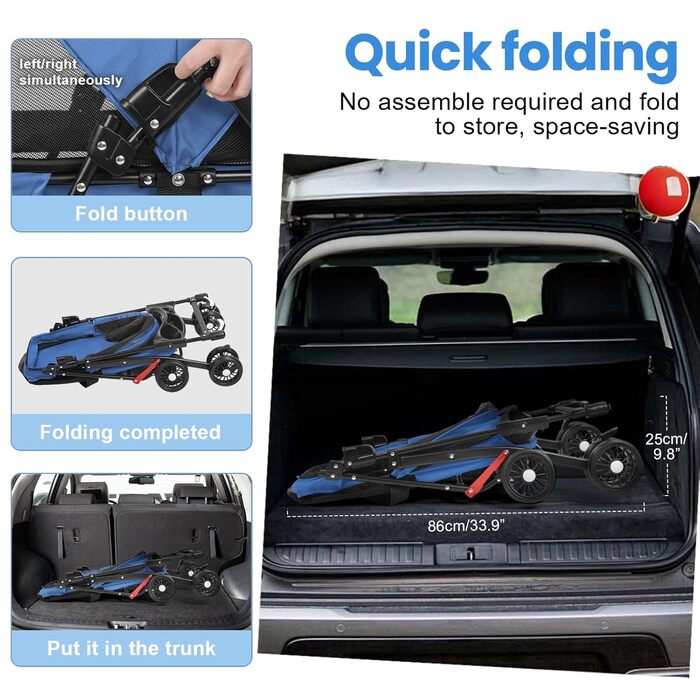 Складаний візок для собак з 4 колесами та дихаючою сіткою - Легкий транспортний візок для маленьких собак та котів до 10 кг, з регульованим сонцезахистом, тримачем для напоїв та страхувальним ременем (Блакитний)