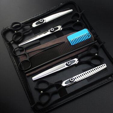 Набір професійних ножиць для грумінгу собак JIESENYU 7.0 дюймів (4 шт.) - прямі та тонкі леза, чорний колір