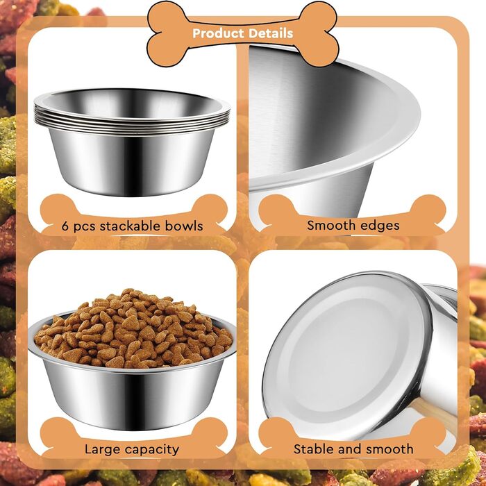 Набір мисок для собак з нержавіючої сталі, 6 шт. Великі, середні та малі миски для корму та води для собак, 900 мл, складані