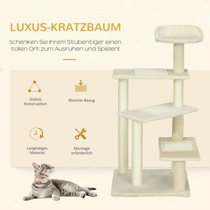 Котячий дерев'яний комплекс PawHut з сизалевими стовпами, бежевий, 50x50x100 см – кігтеточка, ігровий будиночок для котів