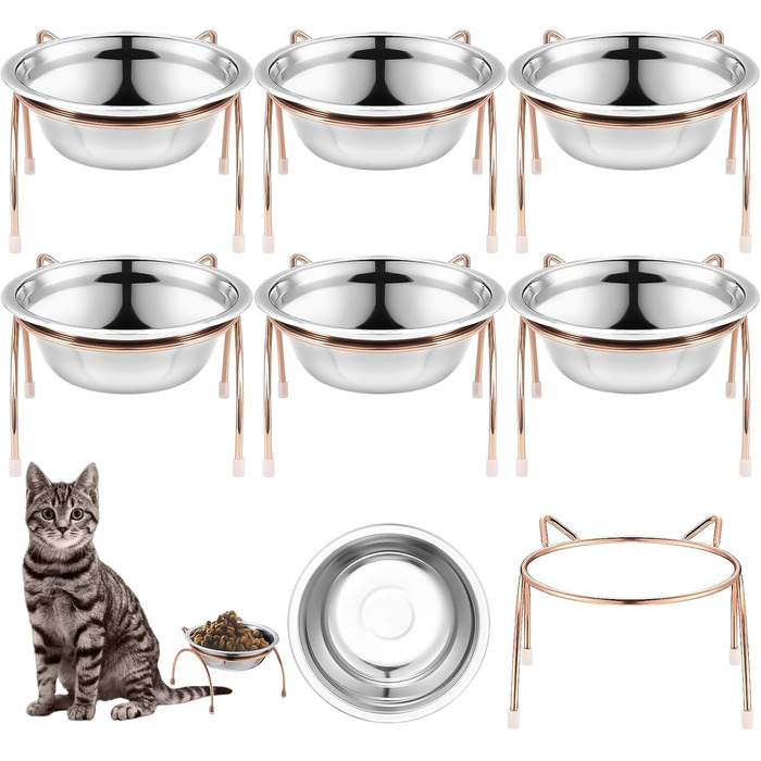 Набір з 6 піднятих мисок для котів, 14 см, нержавіюча сталь, миски для котів з металевим підставкою, без стресу, для вусів, піднята годівниця та миска для води для котів, кошенят, маленьких собак, 340 мл