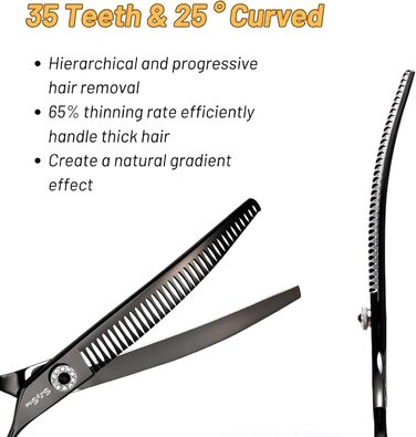 Професійна вигнута ножиця для грумінгу домашніх тварин 7.5 дюймів (25 градусів) з 35 зубцями, чорна, преміум-якість