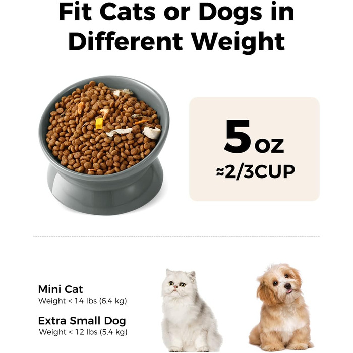 Підвищений годівниця для котів LoeJan, 142 мл, кераміка, анти-блювотна, для захисту хребта, підходить для котів, маленьких собак та кошенят, сірий колір, 1 шт.