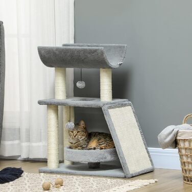 Котячий комплекс PawHut Cosy Chic, багатофункціональний, дерев'яний когтеточка, ігровий центр з лежаком, платформами, іграшкою, сірий, 60x30x76 см