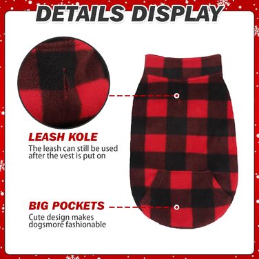 Тепла флісова жилетка для собак Plaid Hundeweste - червона, з кишенею, для зимових днів